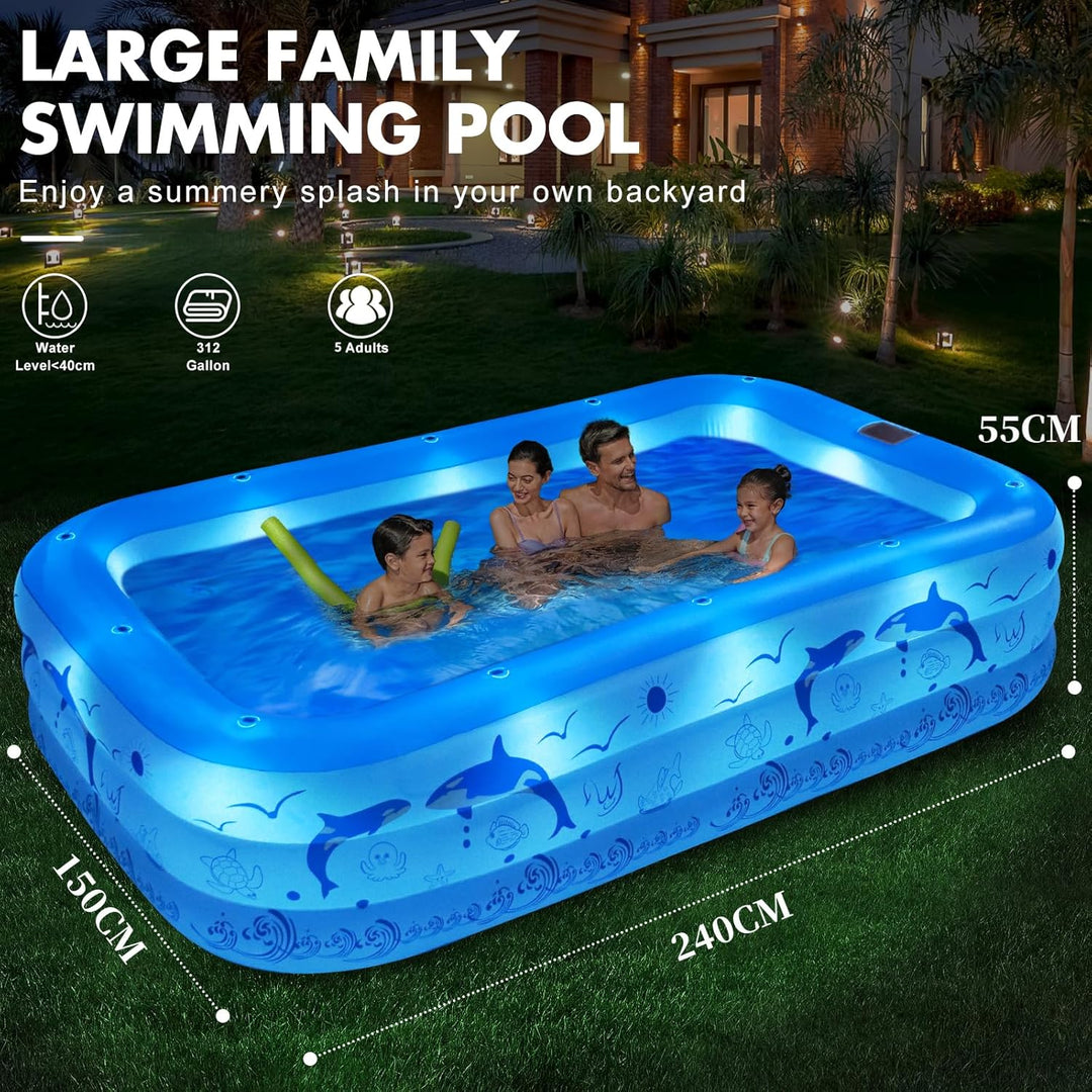 LanOcean Aufblasbarer Pool Erwachsene mit Lichter, Solar Swimmingpool Kinder mit 12 Beleuchtungmodi,