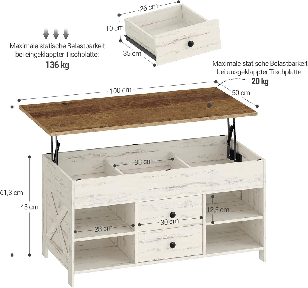 Hzuaneri Couchtisch, höhenverstellbarer Wohnzimmertisch, Sofatisch, 2 Schubladen und Versteckter Sta