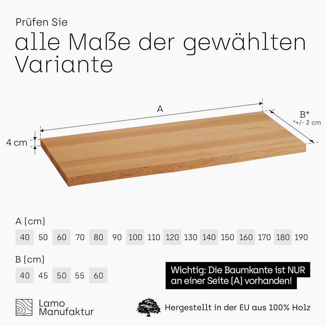LAMO Manufaktur Waschtischplatte, Holzplatte Waschtisch Baumkante, 90x40 cm (AxB), Rustikal, ohne Mo