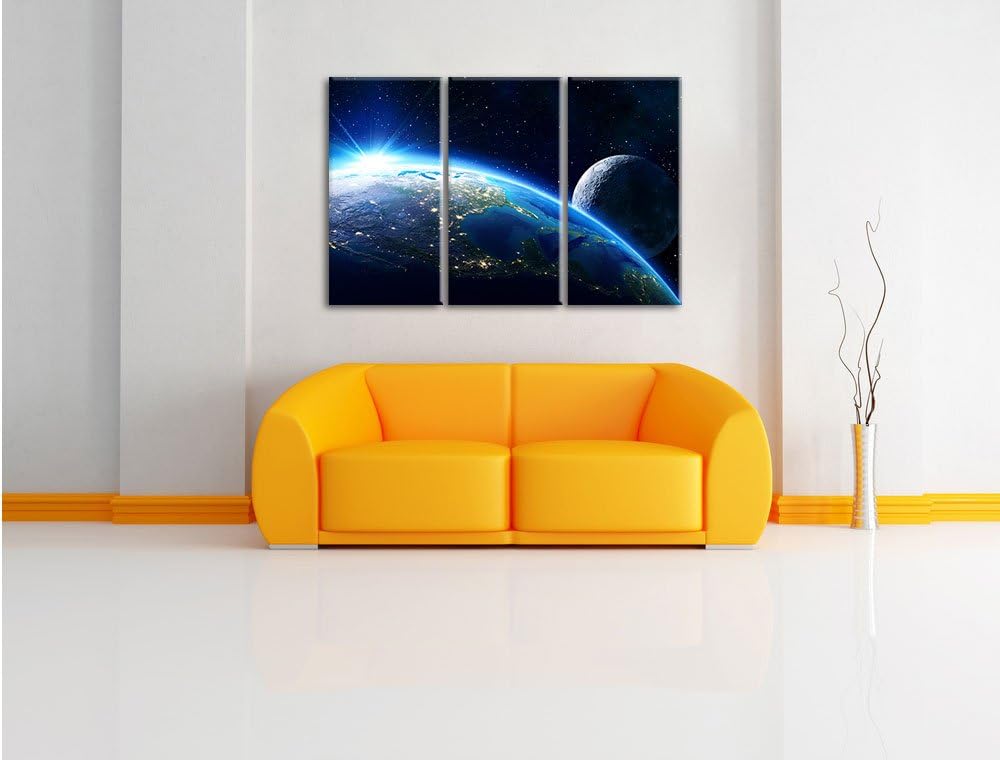 Pixxprint Erde und Ihr Mond aus dem All als Leinwandbild | Grösse: 3 Teilig (120x80) | Wandbild| Kun