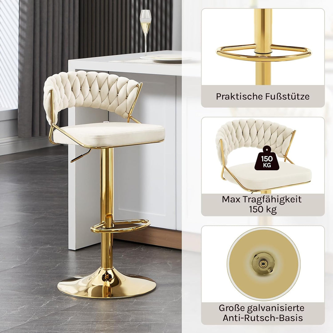 WOLTU Barhocker 2er Set, mit geflochtener Rückenlehne, Samthocker, Creme | Barstuhl 360° drehbar, hö
