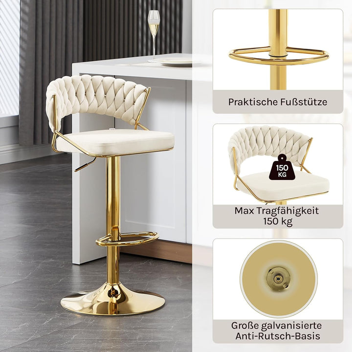 WOLTU Barhocker 2er Set, mit geflochtener Rückenlehne, Samthocker, Creme | Barstuhl 360° drehbar, hö