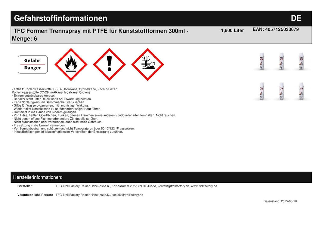TFC Formen Trennspray mit PTFE 300ml - Hochleistungs-Trennmittel für Kunststoffformen, Beton & Wachs