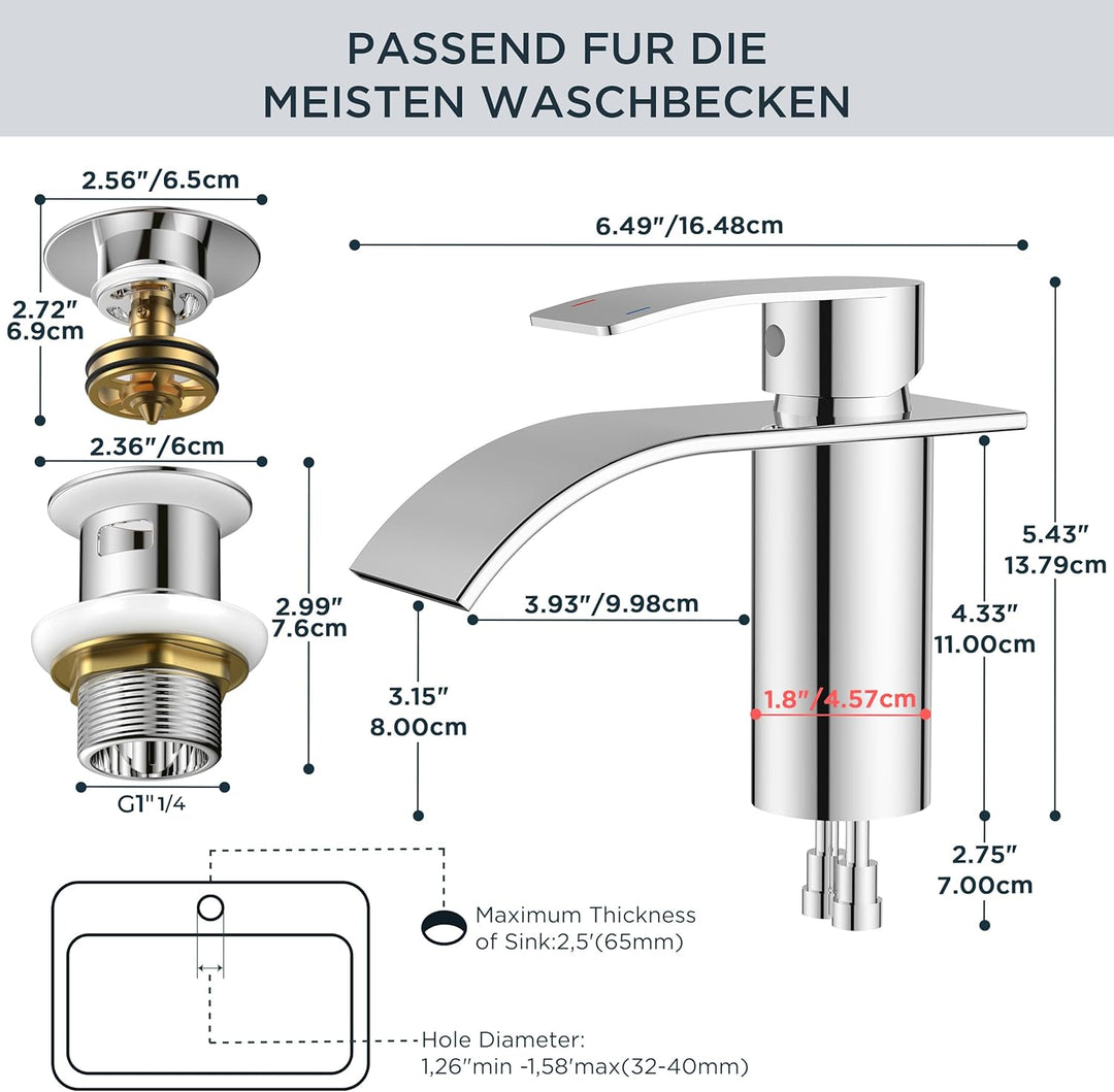 FORIOUS Wasserhahn Bad mit Ablaufgarnitur, Edelstahl Wasserfall Waschbeckenarmatur mit Auslaufhöhe 8