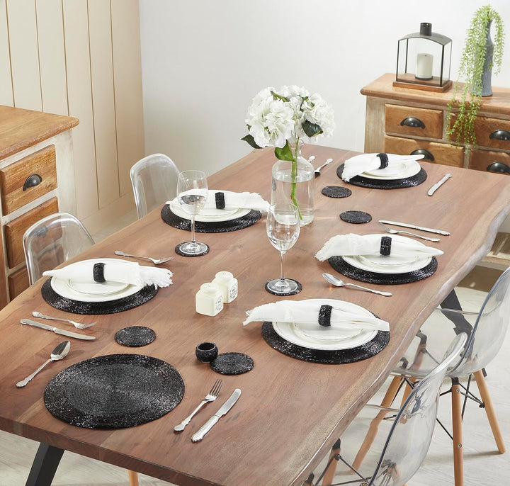 Penguin Home® Set von 12 Tischsets mit Glasperlen, Untersetzer und Serviettenringe - Schwarze Farbe