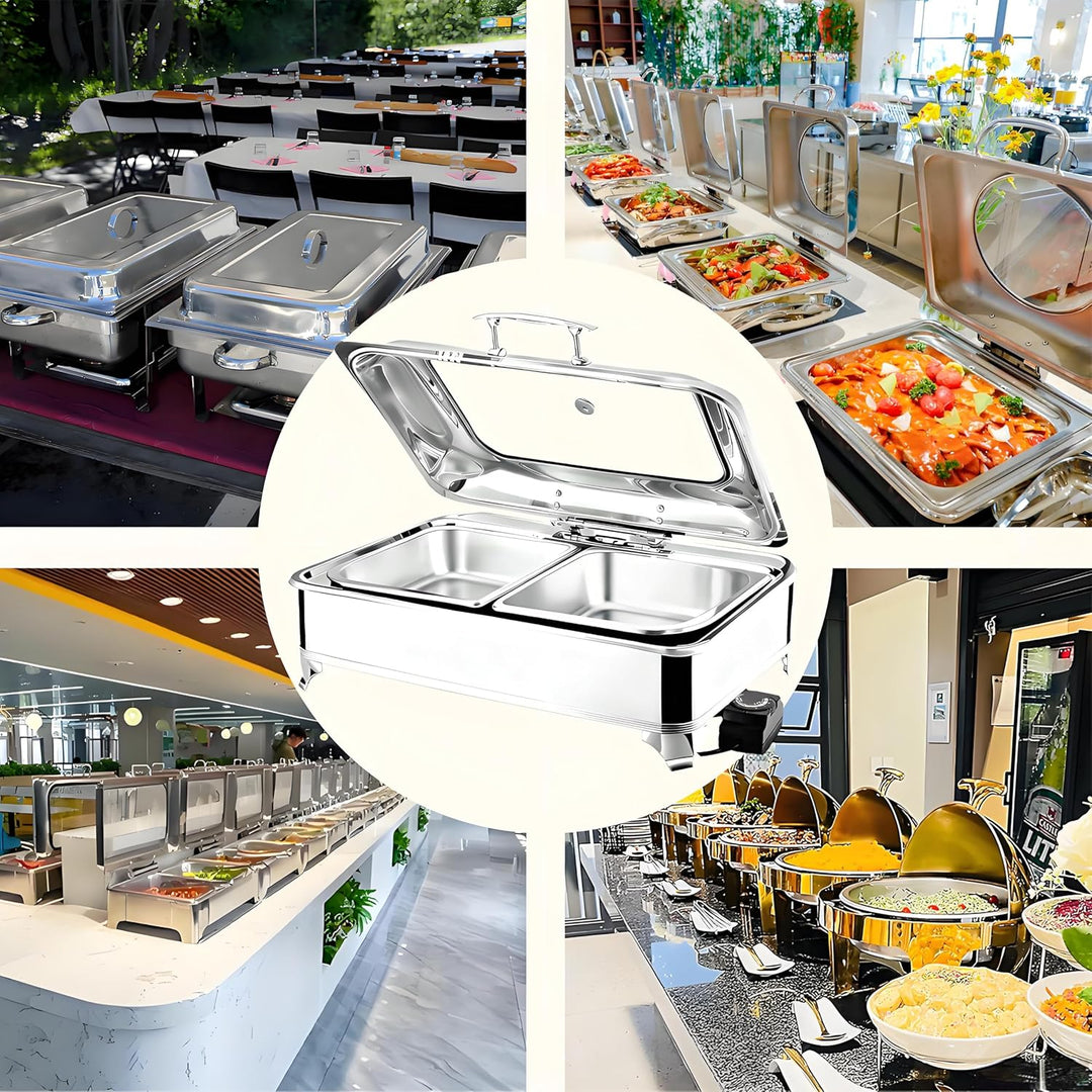 Elektrischer Chafing Dish Glasdeckel, 9L Edelstahl Speisewärmer Buffetwärmer Elektrisch Einstellbare