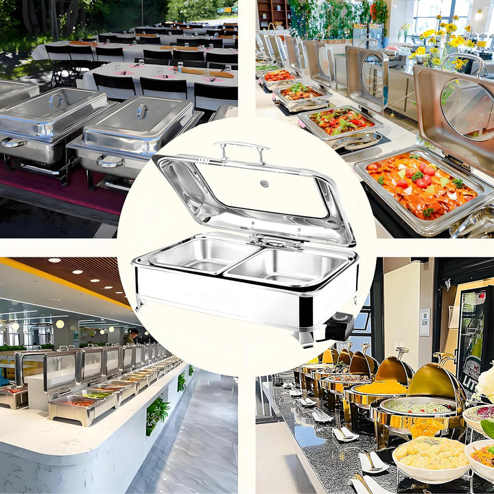 Elektrischer Chafing Dish Glasdeckel, 9L Edelstahl Speisewärmer Buffetwärmer Elektrisch Einstellbare