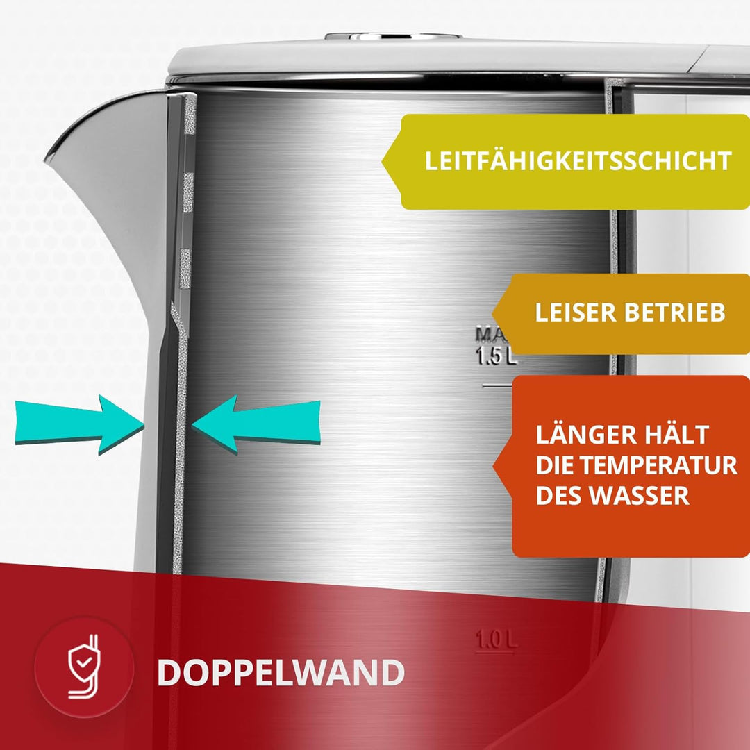 MPM MCZ-120 Wasserkocher 1,5L mit Doppelwand-Design, Temperaturregelung 40-100°C, Edelstahl-Innenbeh