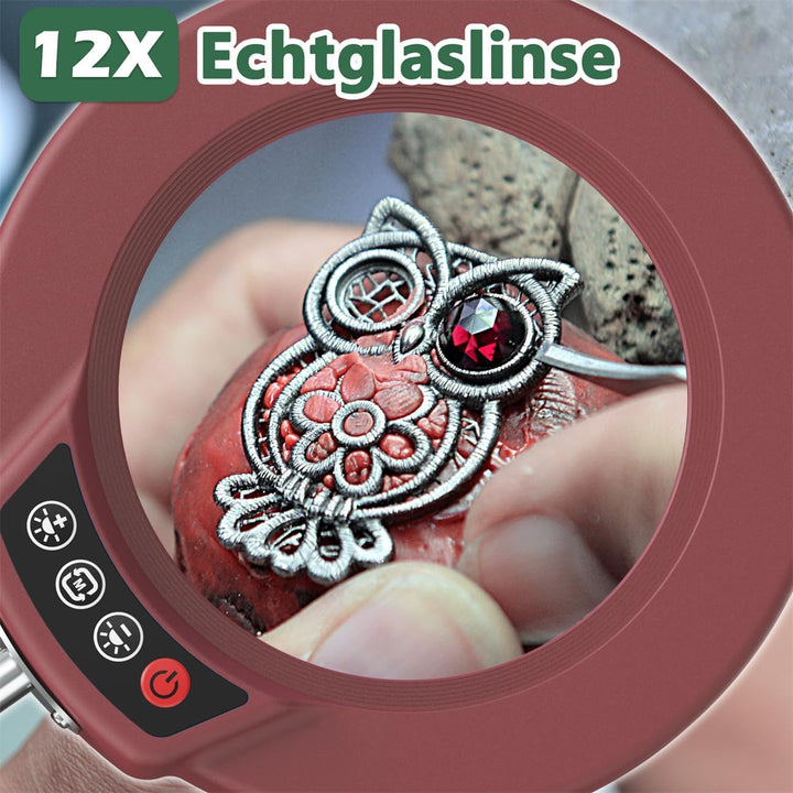 10X Lupe mit Licht und Ständer, Echter Glaslinse 2-in-1 Lupenlampe und Klemme, LED Beleuchtete Lupe