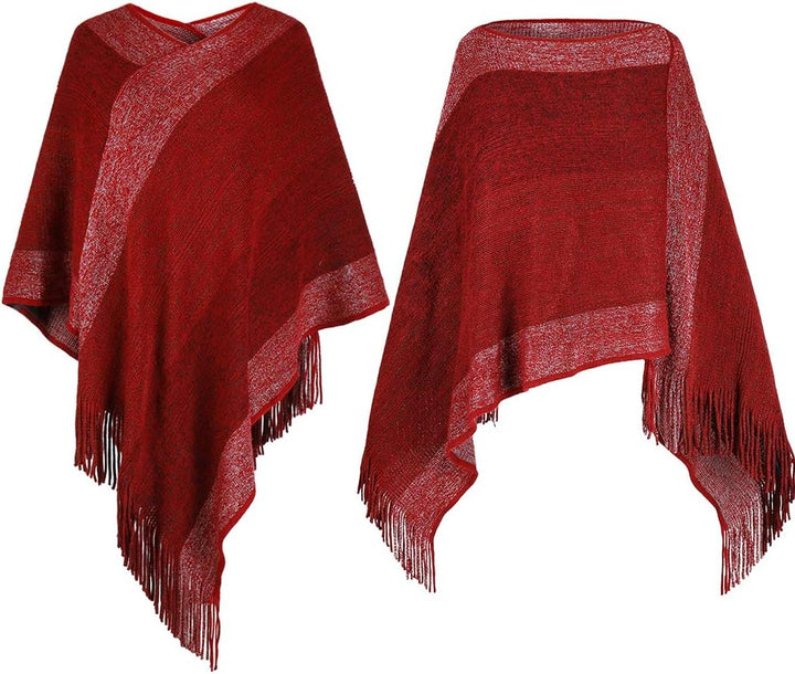 Damen-Poncho-Pullover, V-Ausschnitt, gestreift, Strickschal, Cape, Pullover mit Fransen, S-L Burgund