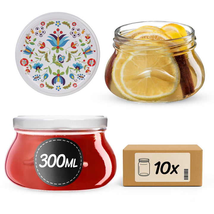KADAX 10er Set Marmeladengläser 300ml TO82 Blumen, Einmachgläser Vorratsgläser Mason Jar mit Schraub