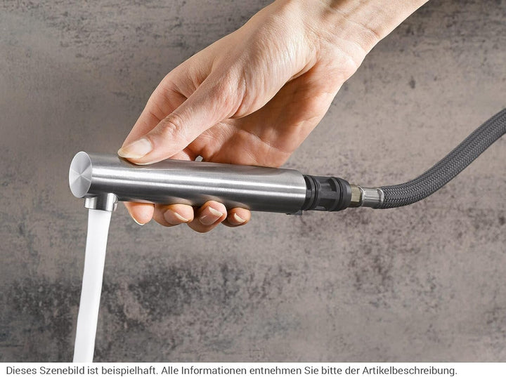 BLANCO LANORA-S | Edelstahl massiv gebürstet | Niederdruck | Mit herausziehbarem Schlauch | Rückflus