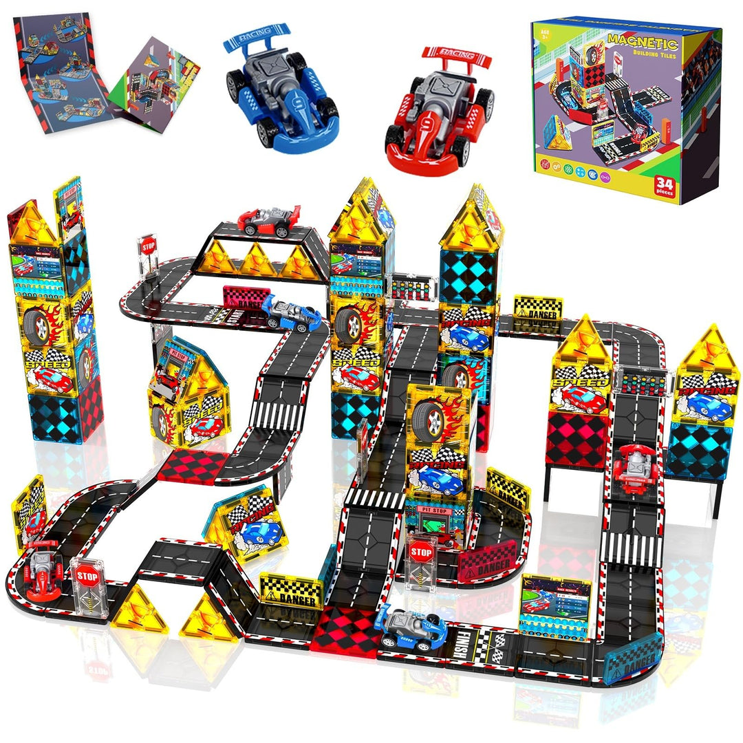 Magneverse Magnetische Bausteine Rennbahn Set mit 2 Autos – 34PCS Magnetbausteine Autorennen Spielze