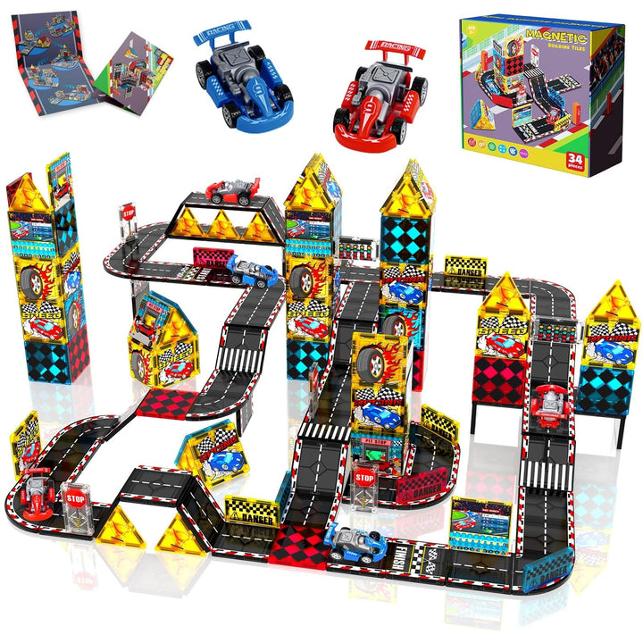 Magneverse Magnetische Bausteine Rennbahn Set mit 2 Autos – 34PCS Magnetbausteine Autorennen Spielze