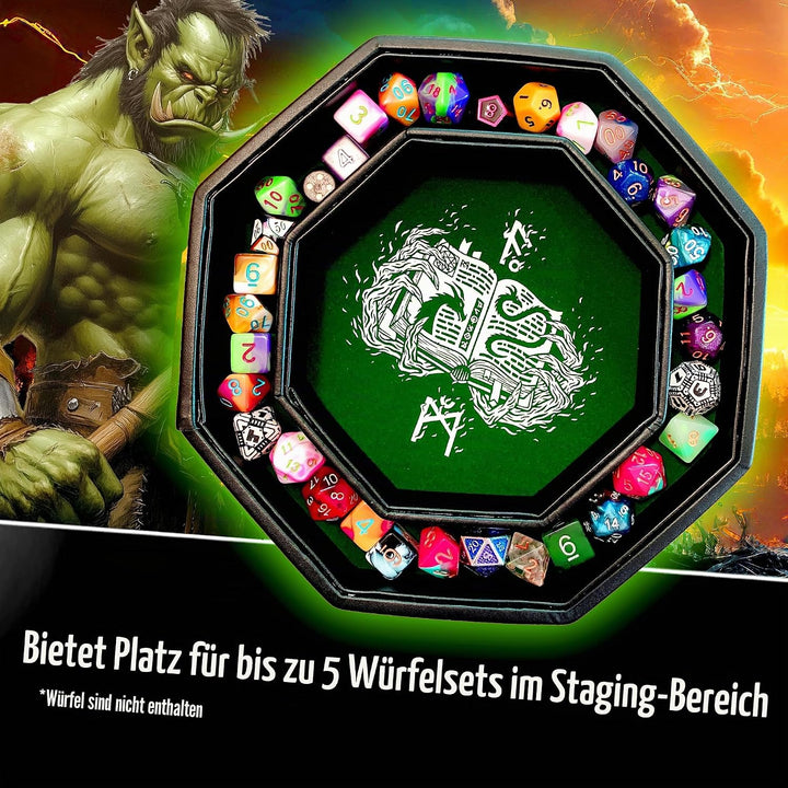 Fantasydice Green Fire Dragon Dice Tray with Wizard Book Print – 23CM Octagon with Dice Staging Area