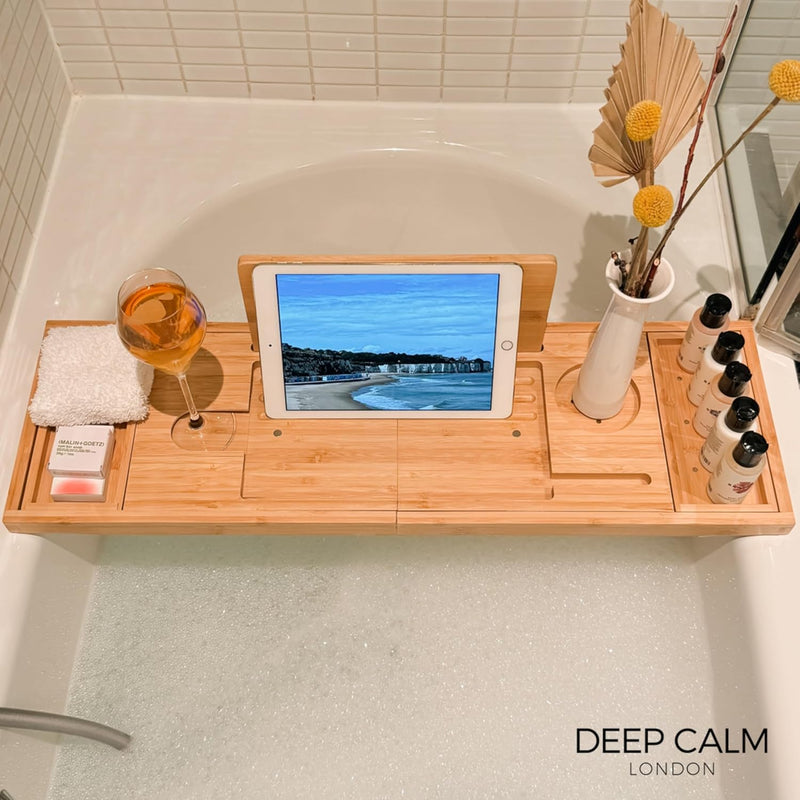 Deep Calm Badewannenablage - Verstellbares Bambus-Badewannenbrett - rutschfeste Badewannenablage Pas