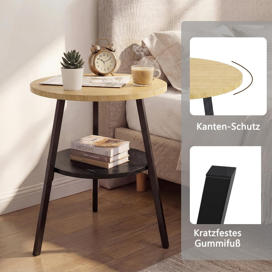 Beistelltisch Rund, Couchtisch Klein mit 2 Etagen, Runder Holz Beistelltisch im Vintage Stil, Eiche