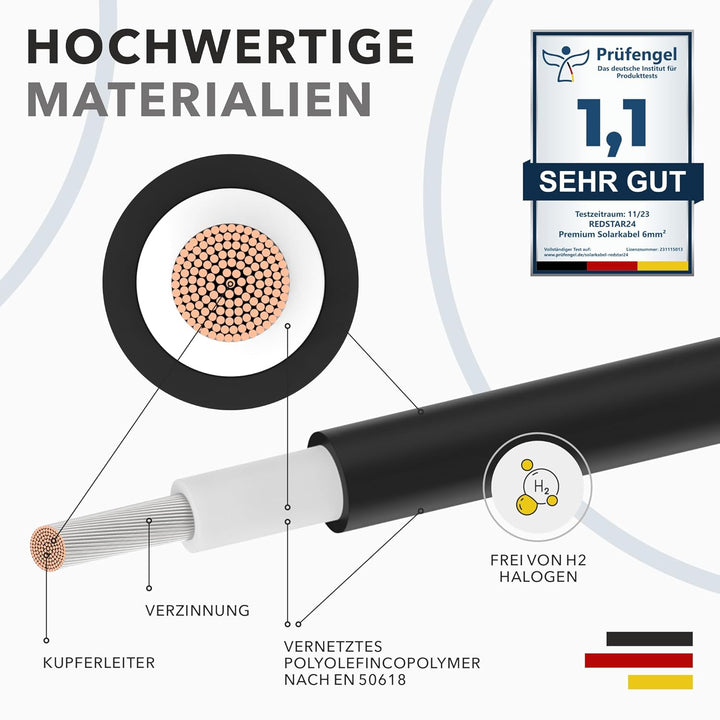 RedStar24 Solarkabel 6mm² Schwarz - 100m - TÜV-zertifiziert - UV-beständig, flexibel, Photovoltaik ,