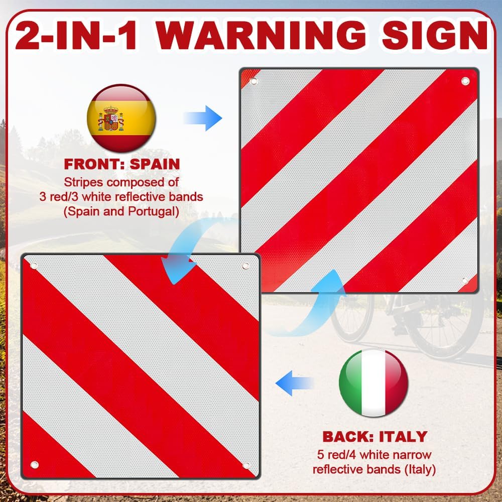 2 in 1 Warntafel Italien und Spanien, 50 x 50 cm W-arntafel Fahrradträger aus Aluminium Warnschild I