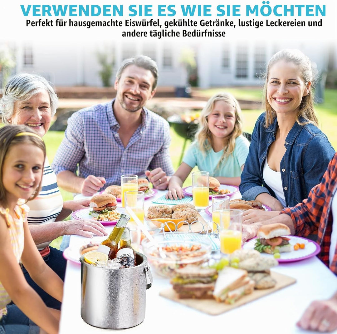 4L Eiswürfelbehälter mit Deckel, Edelstahl Doppelwandiger Eiskübel Set mit Sieb Eiszange Eisschaufel