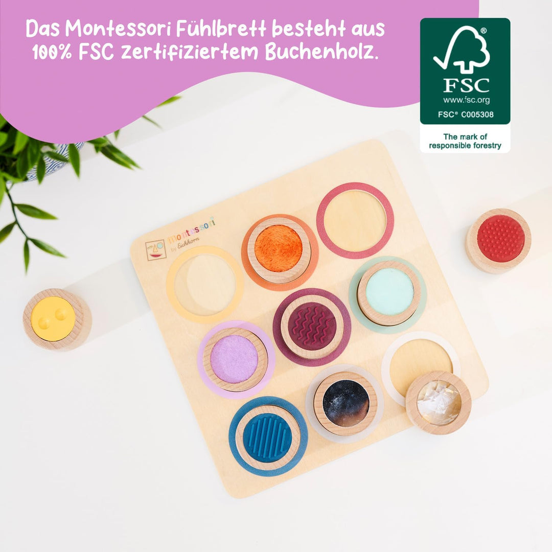 Eichhorn – Montessori – Fühlbrett mit 9 Fühlzylindern mit verschiedenen Oberflächen und Materialien,