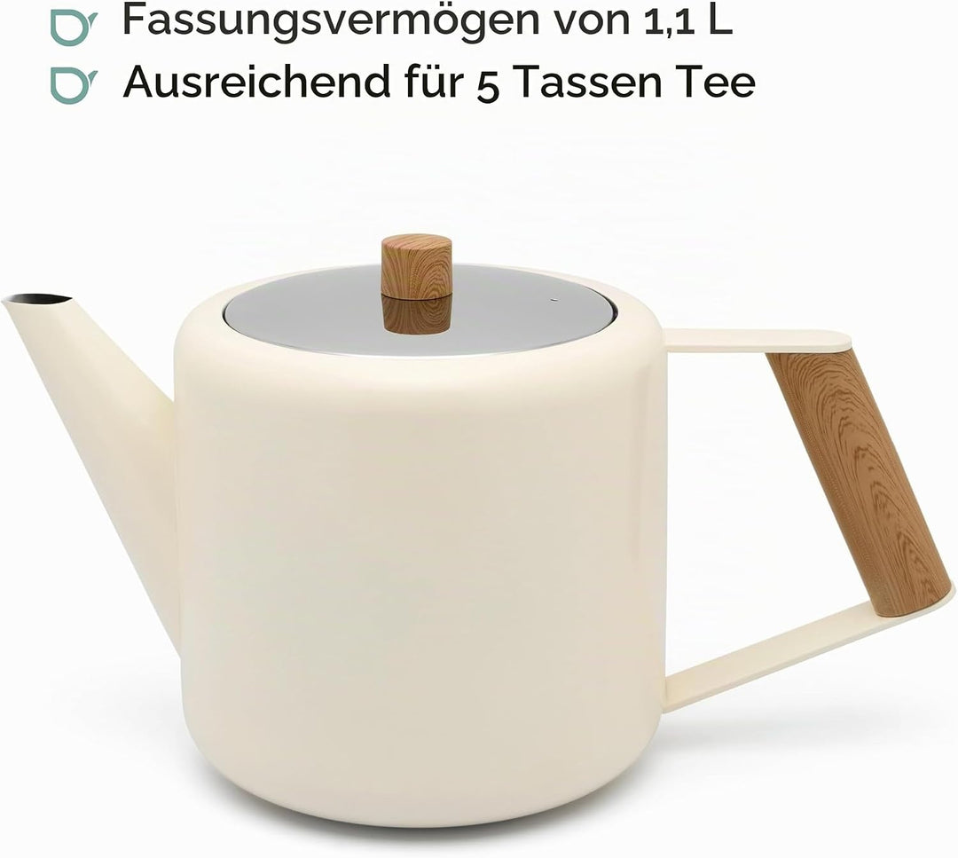 doppelwandige Creme-weisse Edelstahl Teekanne 1.1 Liter - isolierende Kanne für längeren Teegenuss 1