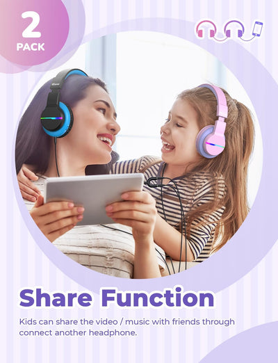 iClever Bluetooth Kinder Kopfhörer 2pack, Farbige LED-Leuchten, Kinderkopfhörer Over-Ear mit 74/85/9