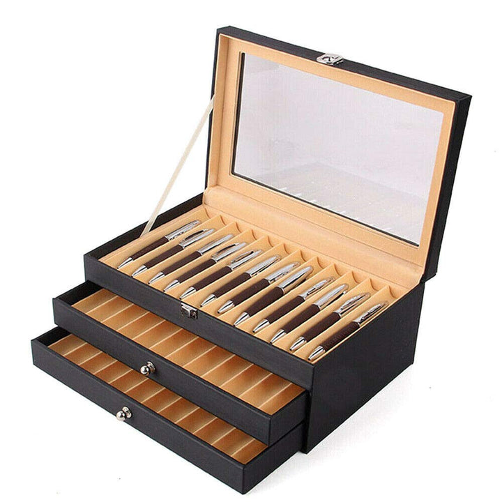Futchoy Stifte Sammelbox Stifteköcher aus Leder 3 Schichten Stifthalterbox mit mit Glasfenster Holz