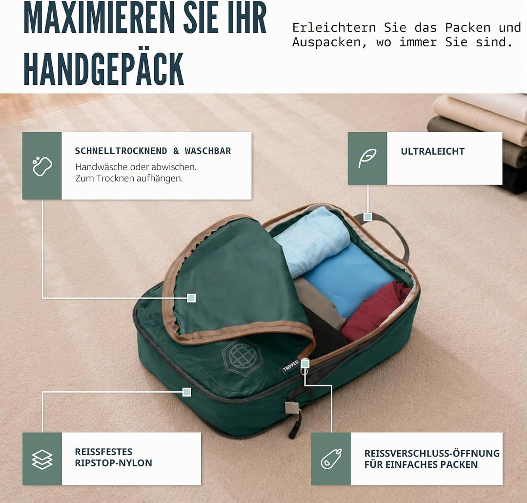 TRIPPED Travel Gear Reise-Kompressions-Packwürfel, Koffer- und Rucksack-Organizer für Kleidung, Grün