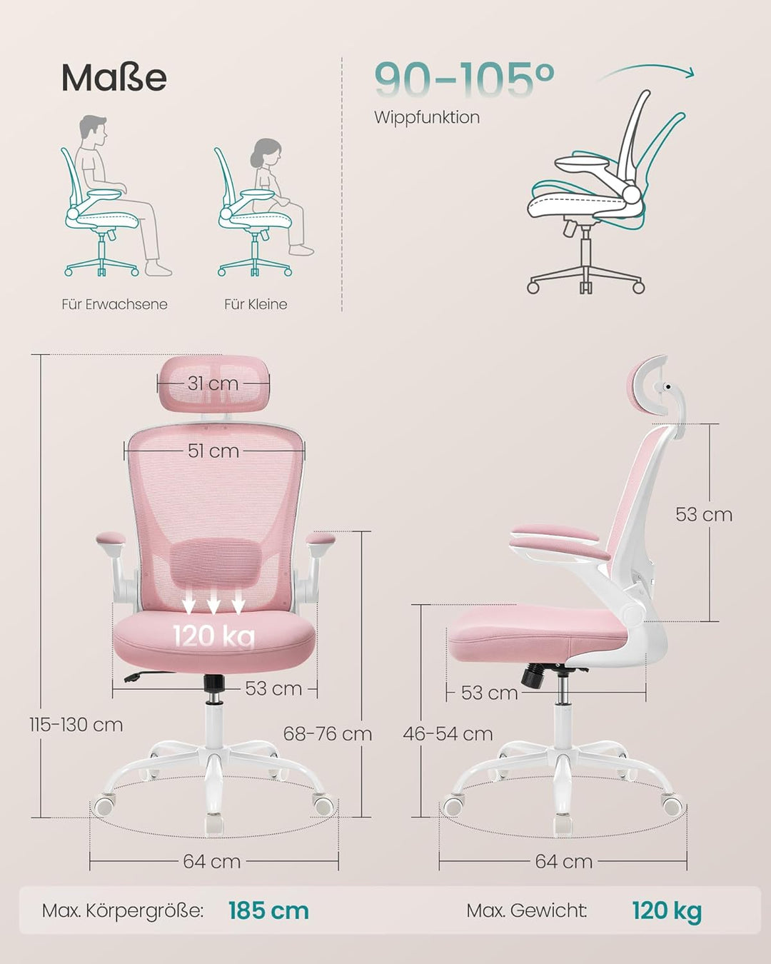 SONGMICS Bürostuhl ergonomisch, Schreibtischstuhl, Drehstuhl mit Mesh, gepolsterte Lendenstütze, Wip