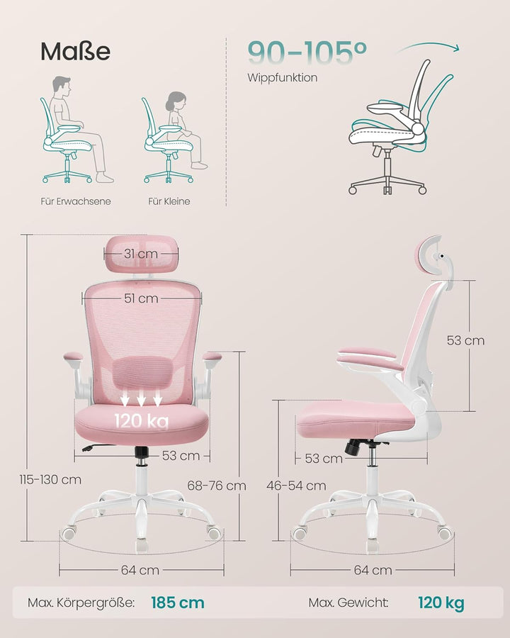 SONGMICS Bürostuhl ergonomisch, Schreibtischstuhl, Drehstuhl mit Mesh, gepolsterte Lendenstütze, Wip
