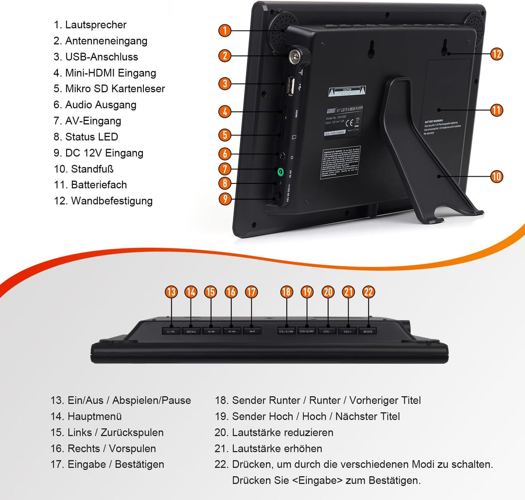 August DA100D – 10” Tragbarer HD TV DVB-T2 MPEG4 H.264/H.265/HEVC – LCD Fernseher mit PVR & Multimed