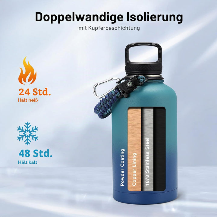 Trebo Isolierte Wasserflasche, 1,8 l, Metall-Vakuum-Wasserkrug mit Griff und 3 Deckeln, auslaufsiche