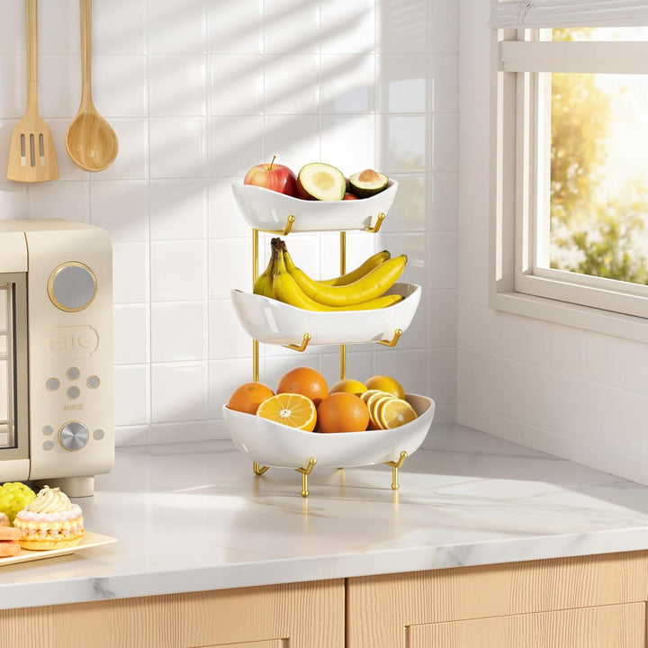 Josmimic Obst Etagere aus Keramik, 3-stufiger Obstkorb mit Metallständer in Gold, Mehrstöckige Obsts