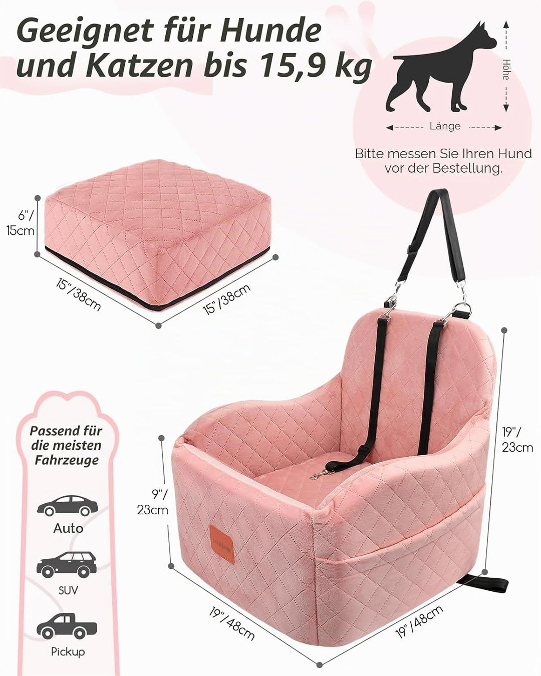 Hunde-Autositz für kleine/mittelgrosse Hunde, tragbarer Welpensitz mit erhöhtem Kissen, vollständig
