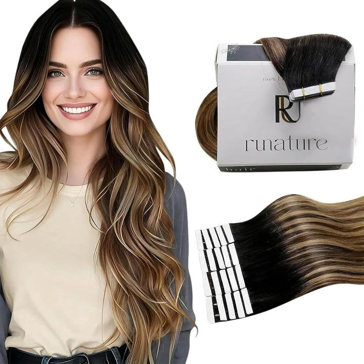 RUNATURE Extensions Echthaar Tape in Balayage Schwarz Ombre Braun und Blond 35cm Kurz Unsichtbare Ha