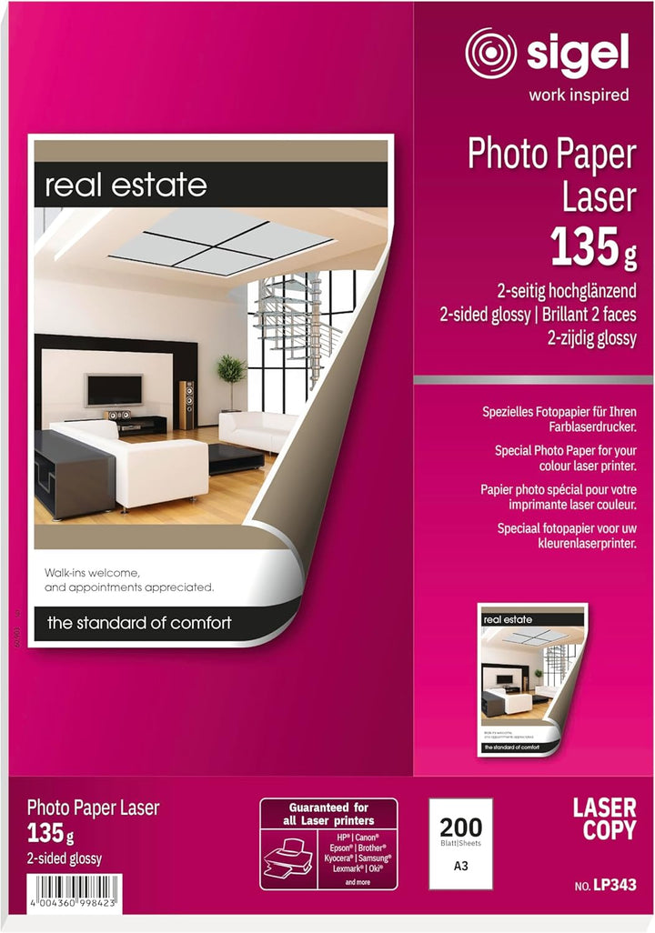 SIGEL LP343 Fotopapier für Laser / Kopierer, A3, 200 Blatt, hochglänzend, beidseitig bedruckbar, 135