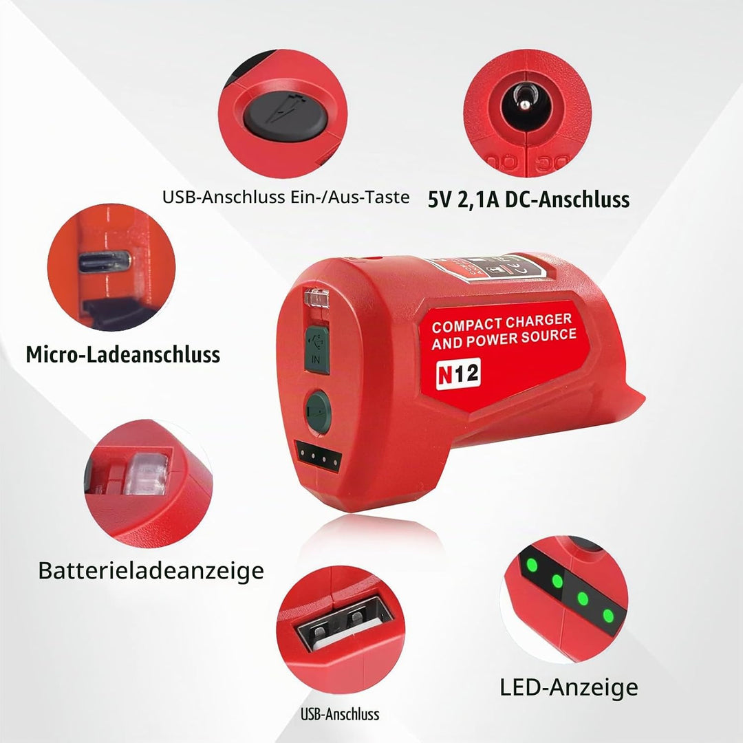Upgrade für M12 USB Power Source Ladegerät Adapter, für Milwaukee 12V Akku, Typ-C Eingang, USB Ausga