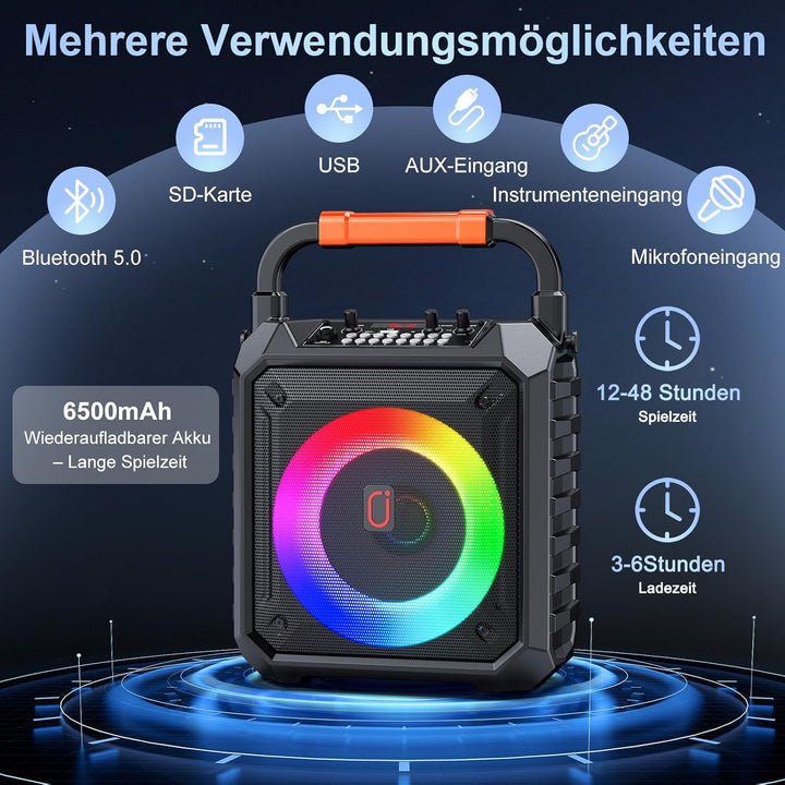 JAUYXIAN Karaoke Machine mit 2 drahtlosen Mikrofones, Tragbaren Bluetooth Lautsprecher mit RGB-Licht