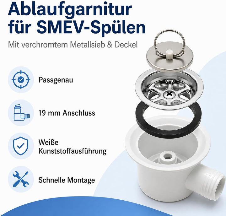 Ablaufgarnitur für SMEV-Spülen 19 mm, weiss, mit verchromtem Metallsieb und Deckel
