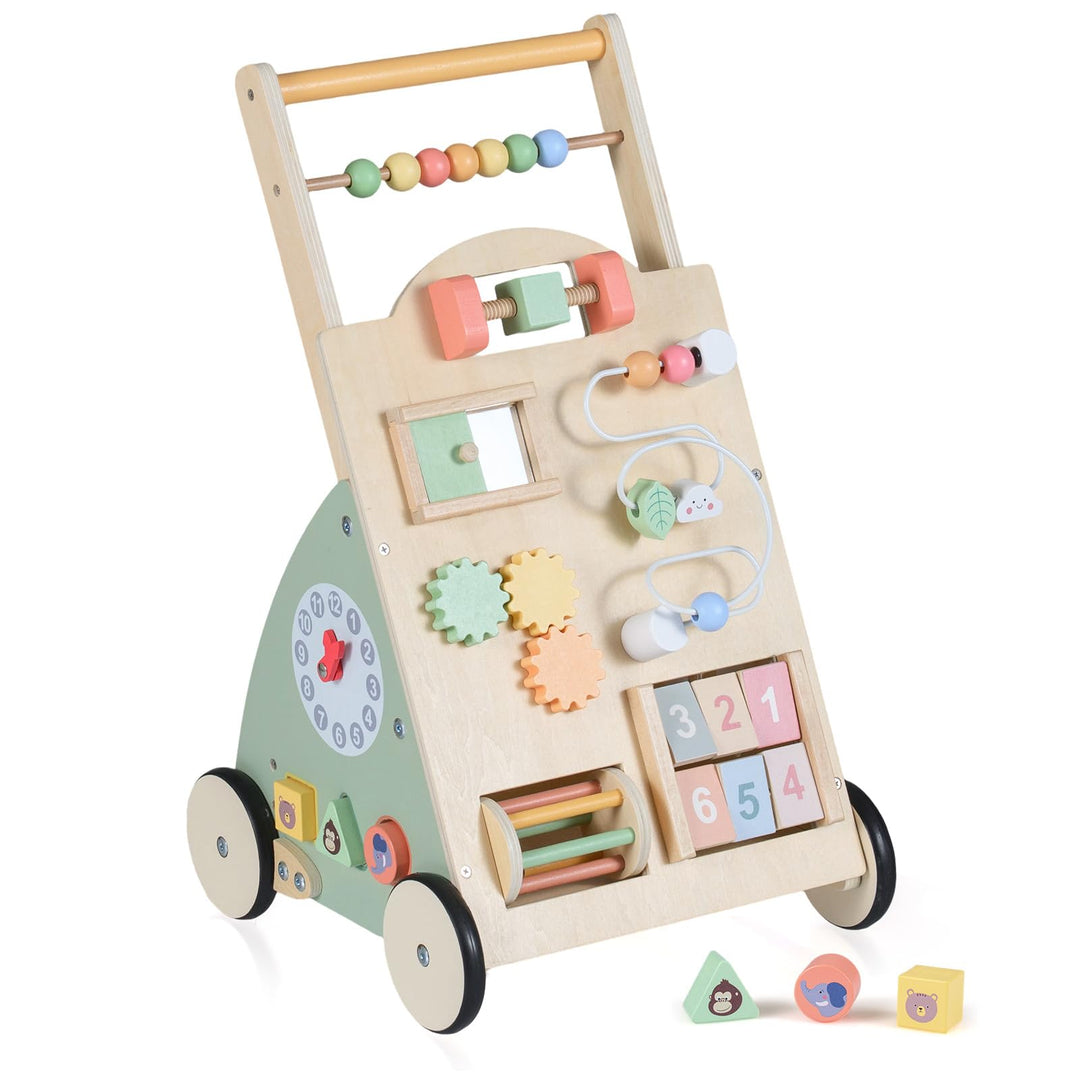 COSTWAY Baby Lauflernwagen Holz, Lauflernhilfe mit Activity Board, Rädern & Aufbewahrungskorb, Laufw