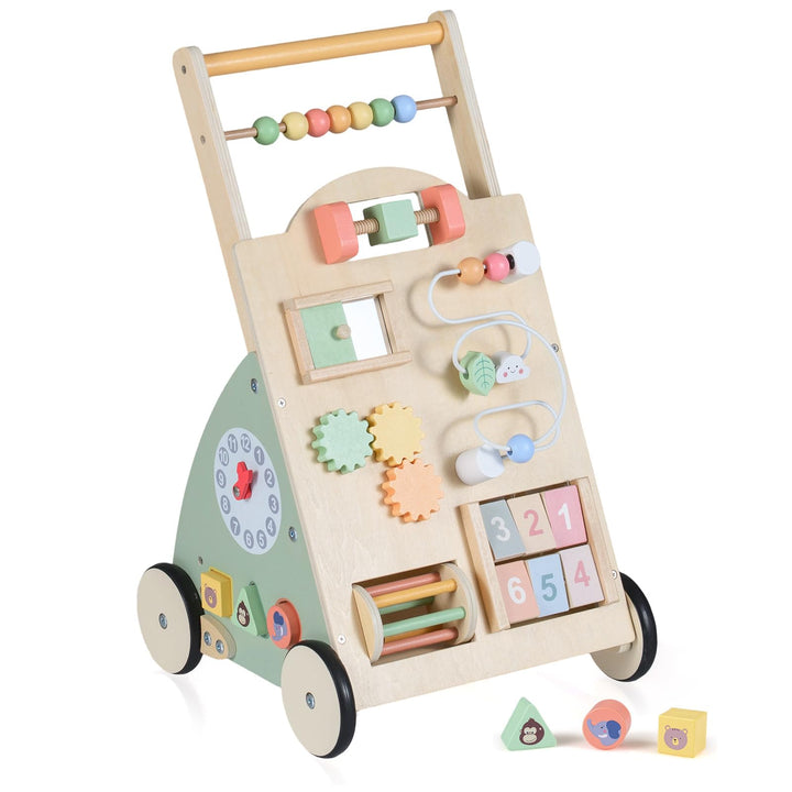 COSTWAY Baby Lauflernwagen Holz, Lauflernhilfe mit Activity Board, Rädern & Aufbewahrungskorb, Laufw