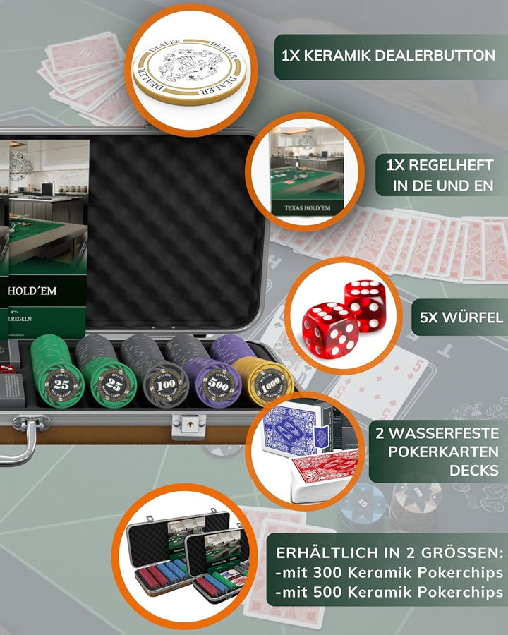Bullets Playing Cards | Pokerkoffer „Silvio“ mit 500 Keramik Pokerchips 10g | Pokerset mit Karten, W