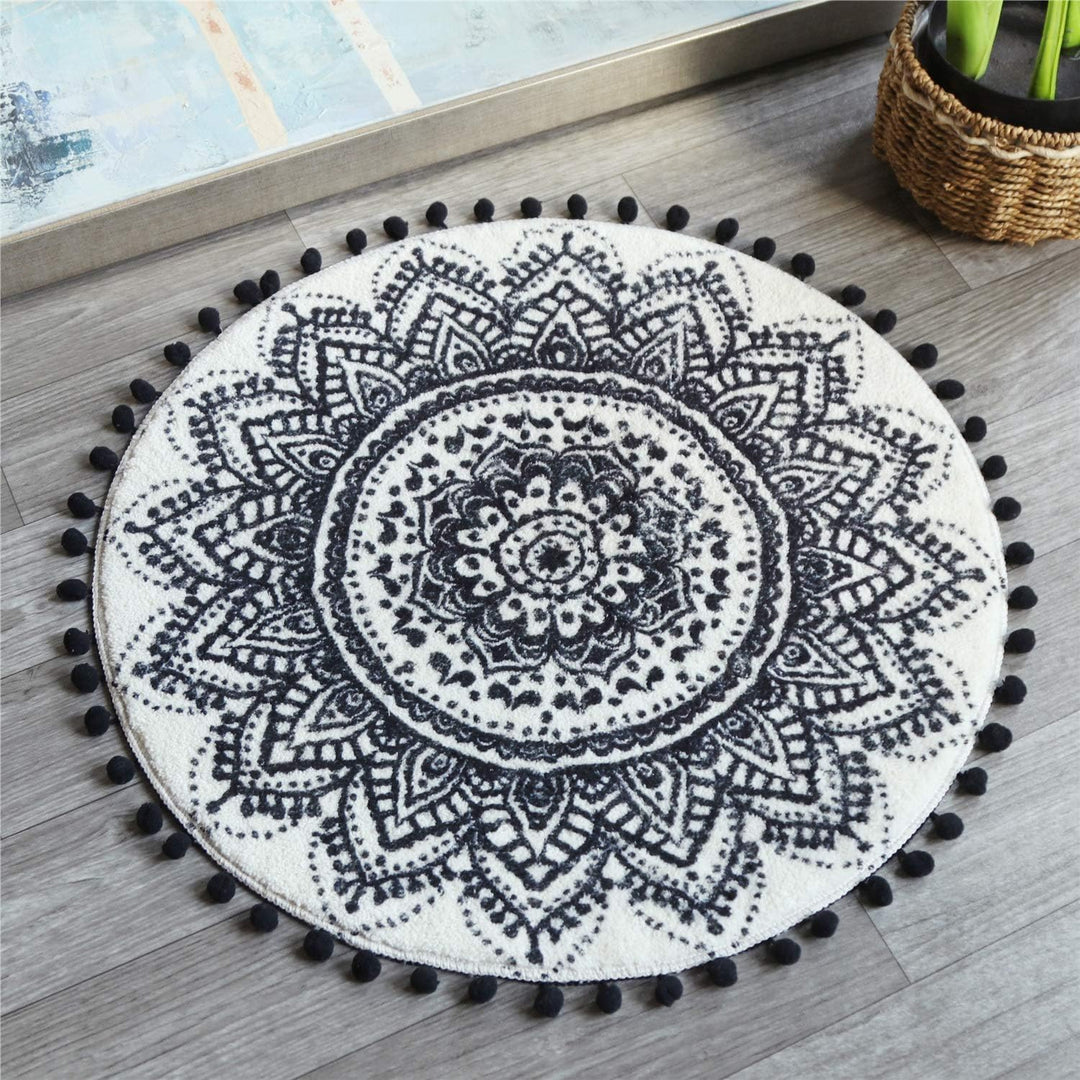 Uphome 60 cm runder kleiner Flächenteppich mit schickem Bommel Fransen Luxus Mandala Boho Samt Badez
