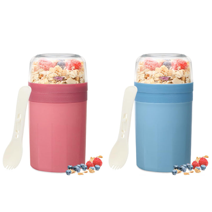 Bugucat Müslibecher to Go 520ML+250ML 2er,Praktischer Joghurtbecher mit Löffel, Auslaufsicher Müsli