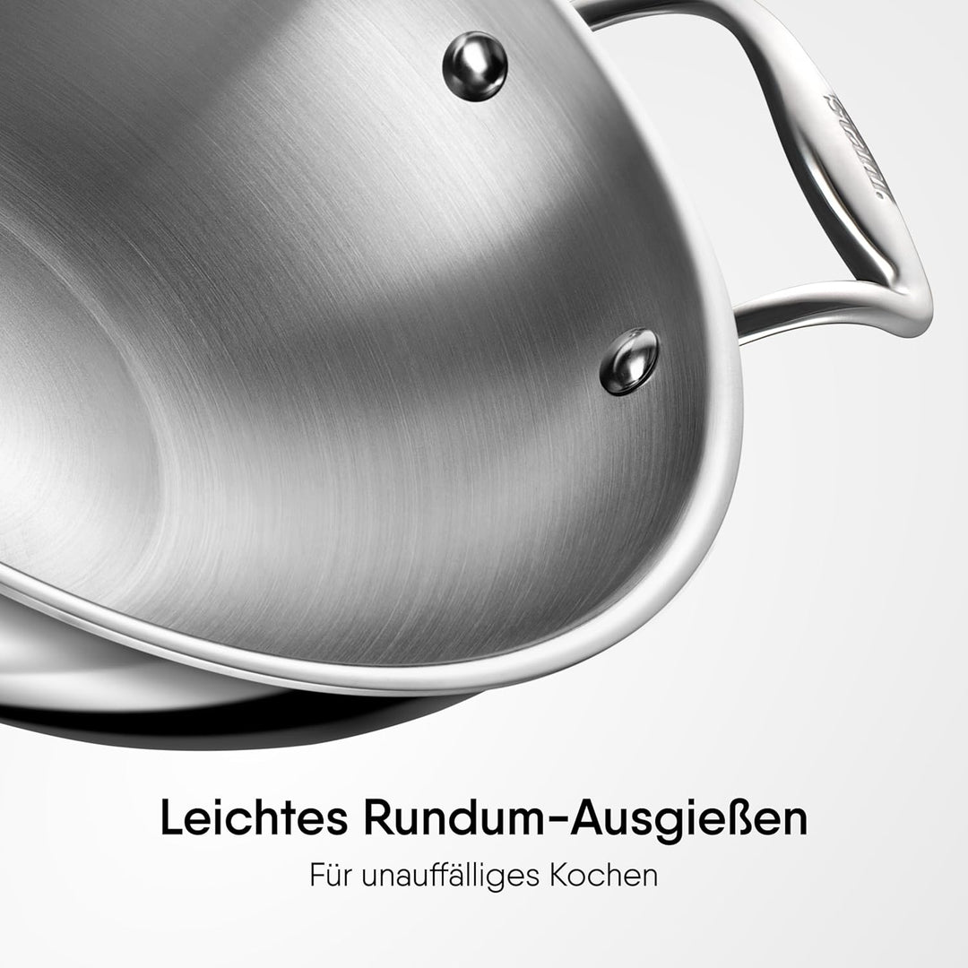 Stahl Edelstahl Triply Wok mit Deckel | Edelstahl-Kochgeschirr Triply Wok | Gas- & Induktionsboden |