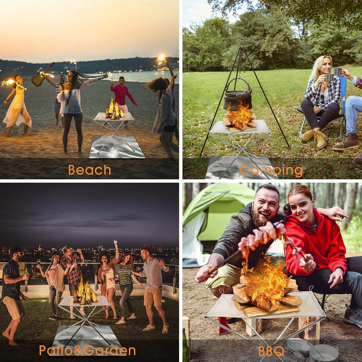 Tragbare 42cm Feuerschale Edelstahl mit 50x100cm Brandschutzmatte | Klappbare Feuerstelle Outdoor fü