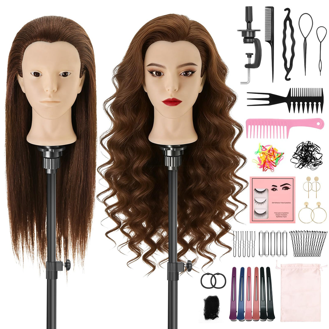 TwoWin Frisierkopf Echthaar mit Ohrlöchern, 60 cm (24 Zoll) Friseurkopf Übungskopf 80% echthaar, Tra