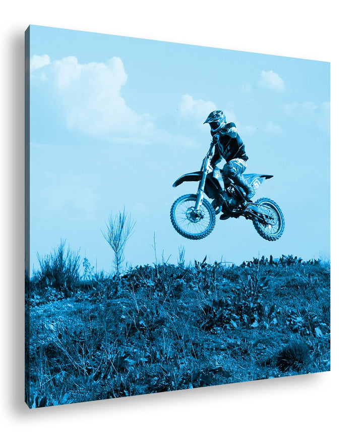 deyoli Motocross Fahrer im Sprung Format: 70x70 Effekt: Monocrome Blau als Leinwandbild, Motiv ferti
