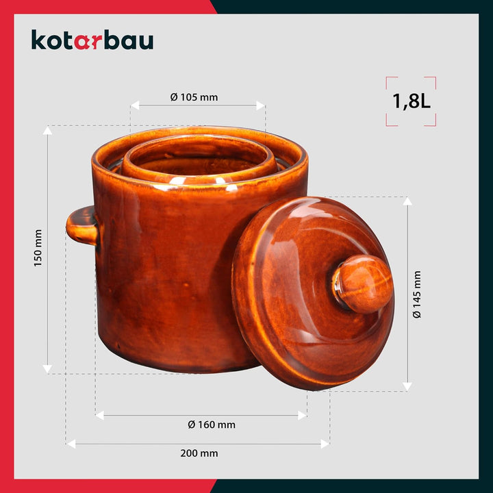 KOTARBAU® Gärtopf 1,8 L Braun Steinzeugtopf mit Hermetikdeckel Gurkentopf Sauerkrauttopf Einmachtopf